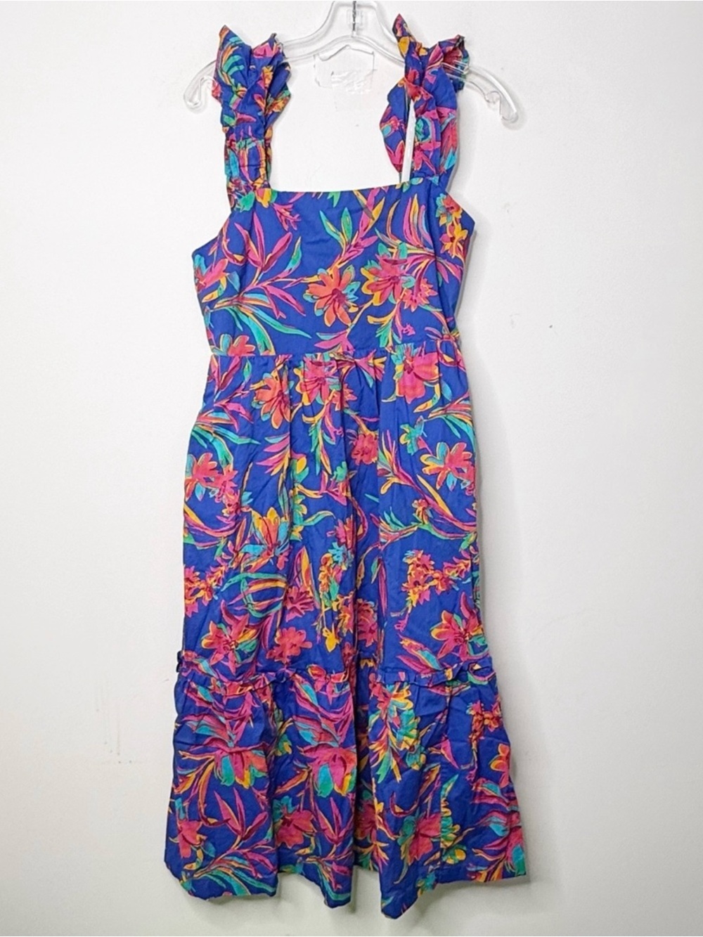 J. CREW | Blue Floral Print Ruffle Strap Cotton Midi Dress Sz. 6 Boho - Picture 2 of 6